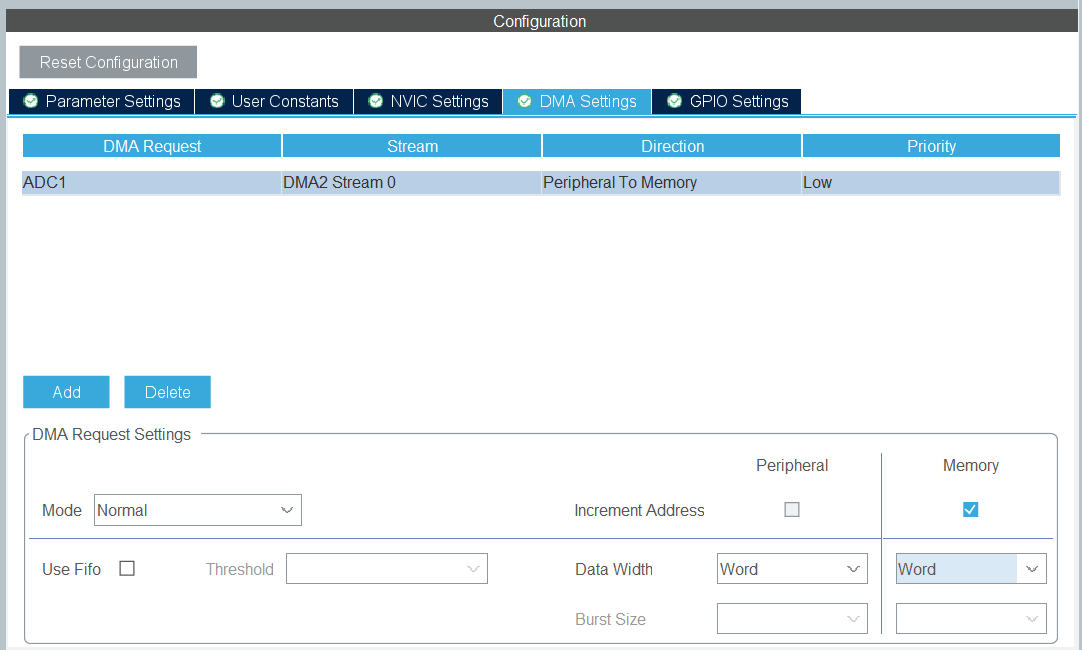 DMA setting with ADC1